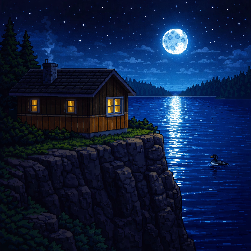 Moonlit cottage by the lake