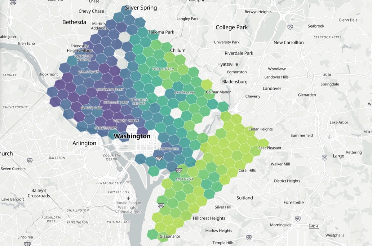 Map of Washington, DC shaded by estimated home value, from lower values in the east to higher values in the northwest